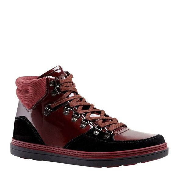 Gucci Men's Contrast Combo Dark Red Patent Leather / Suede High top Sneaker (8.5